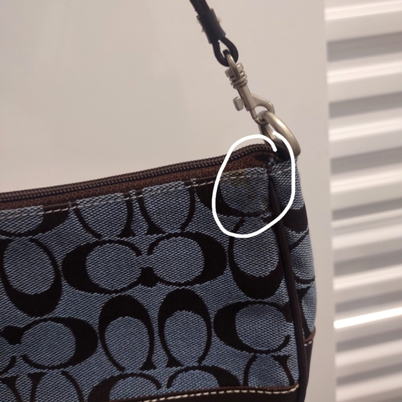 COACH Signature Demi Shoulder Bag in Blue and Chocolate Brown. - Picture 4 of 10